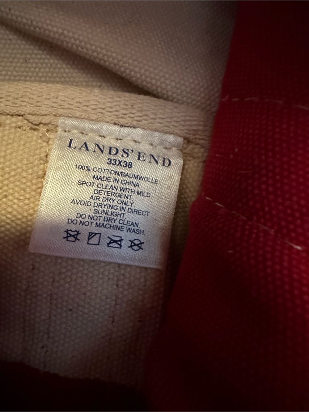 Lands' End Zip Top Canvas Tote Boat Bag Natural and Red Large - Picture 8 of 8